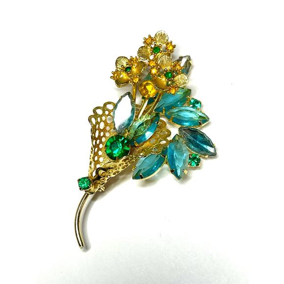 Vintage Brooch Blue Green Rhinestone Vtg Costume Jewelry Pin Lot JU10 - Picture 2 of 6